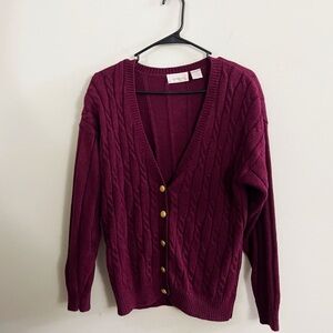 Vintage 90s Burgundy Cable Knit Vneck Cardigan Preppy Twee Chic Office School
